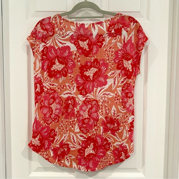Sigrid Olson 100% Linen Floral Pink Orange Short Sleeve Round Neck Blouse Sz L - Picture 9 of 12